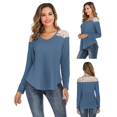 

Women Autumn Concise Casual Lace Long Sleeve Round Collar Tops