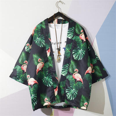 

Mens Kimono Cardigan Retro Style Albow-Length Sleeve Open Stitch Shirt