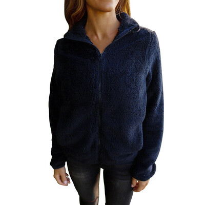 

Womens Long Sleeves Plain Warm Coat Ladies Zipper Loose High Neck Soft Jacket