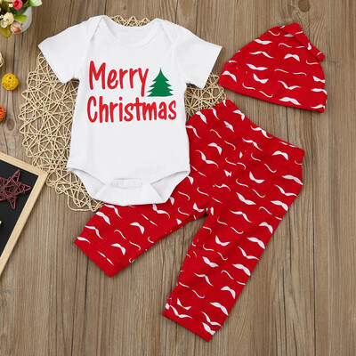 

Newborn Infant Baby Boy Girl Letter Romper TopsPants Hat Christmas Outfits Set