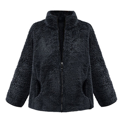 

Toponeto Womens Plus SIze Fashion Lapel Solid Color Loose Plush Zip Pocket Jacket Coat