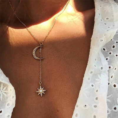 

Fashion Jewelry Bohemian Moon Star Crystal Pendant Necklace Vintage Multilayer Ladies Sun Necklace Fashion Jewelry