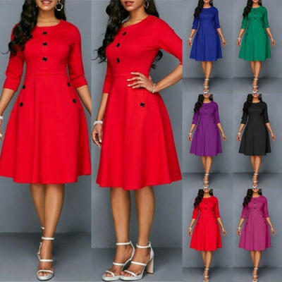 

Summer Women Vintage A-Line Dress Tunic Long Short Sleeve Button Print Sundress