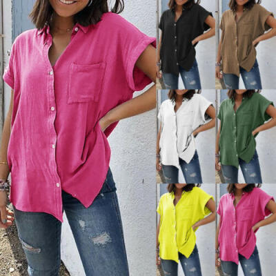 

Women V Neck Short Sleeve T-Shirt Tops Oversize Solid Color Blouse Plus Size