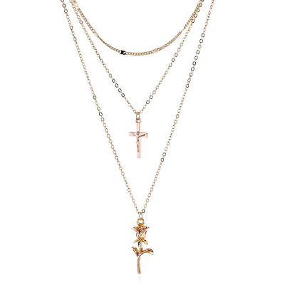 

New Multilayer rosary Rose Cross Pendant Necklace for Women Vintage Gold Color Party Charms Choker Necklace Collar Jewelry Gift