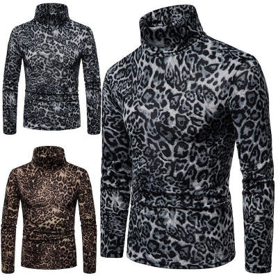 

Men&39s Autumn Winter Leopard Print Basic Sweater High Collar Long Sleeve Sweater