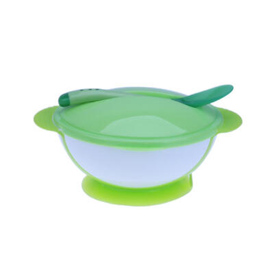 

3pcs Toddler Baby Feeding Sucker Bowl with Spoon Green Lid Tableware