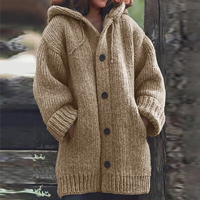 

Women Knitted Button Cardigan Coat Ladies Winter Warm Hooded Tops Jumper Sweater