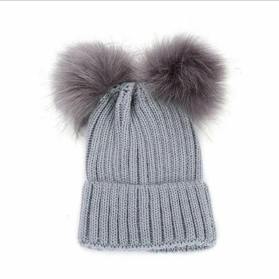 

Child Baby Boys Girls Beanie Hat Winter Warm Double Fur Pom Bobble Knit 4 Colors