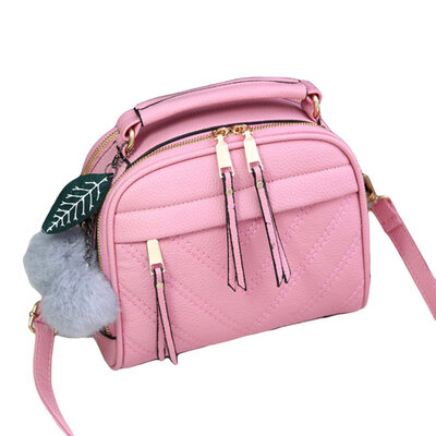 

Women Solid Color Plush Ball Leaf Pendant Zip Shoulder Crossbody Bag Handbag