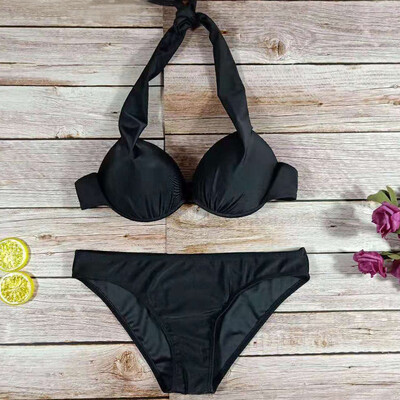 

Roseonmyhand Women Solid Hanging Neck Bikini Push-Up Pad Swimwear Bathing Beachwear Set