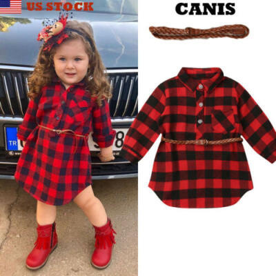 

2Pcs Plaid Toddler Kids Baby Girl Outfit Clothes T Shirt Top DressBelt Set