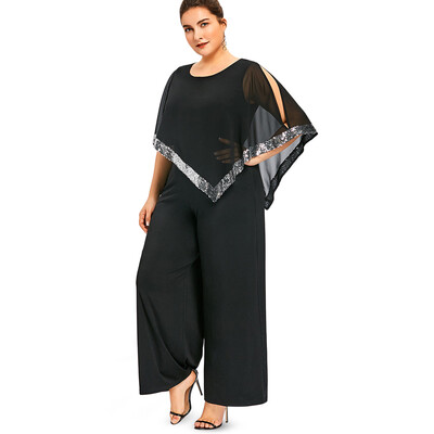 

Round Collar Sleeveless Overlay Slit Sequined Wide-leg Plus Size Women Jumpsuit