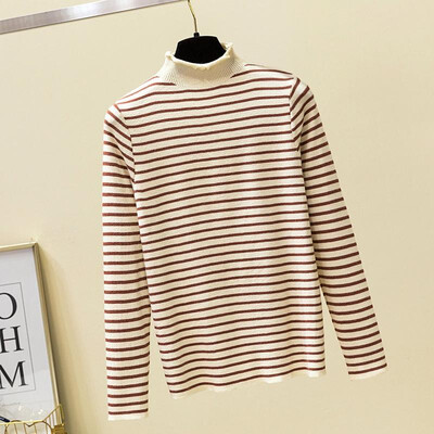 

Women Sweater Highly Stretch Stripes Ribbed High Neck Ruffle Long Sleeve Slim Autumn Winter Warm Vintage Tops