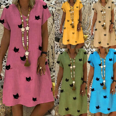 

New Womens Cat Print Mini Dress Evening Party Summer Beach Casual Short Sundress