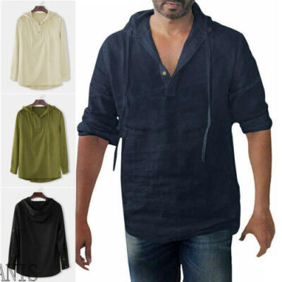 

3XL Men Linen Hooded Long Sleeve Shirt Cool Loose Casual V-Neck Shirts Tops