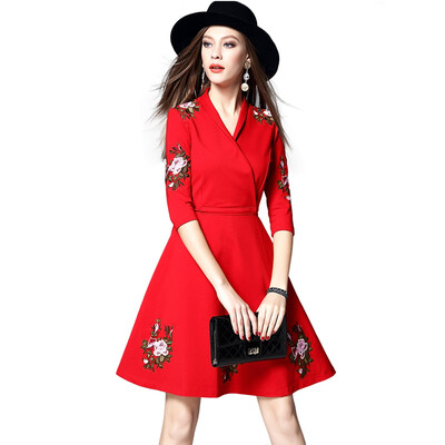 

Embroidered Flare Surplice Dress