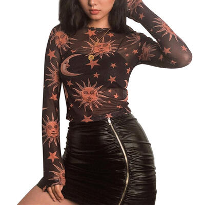 

Women Slim Long Sleeve T-shirt Sun Moon Printed Transparent Mesh Sexy Tops