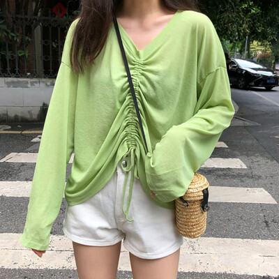 

Simple Women T Shirt New Autumn Sexy V Neck Solid Color Drawstring Loose Long Sleeve Tee Casual T-Shirt Tops