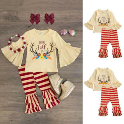 

US Newborn Kid Baby Girl Christmas Deer Ruffle T-shirtPants Leggings Outfit Set