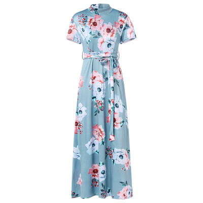 

Floral Print Maxi Dress Round Collar A-line Waist Straps