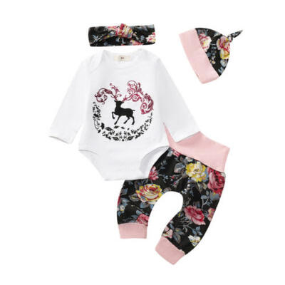 

4PCS Newborn Infant Baby Girls Clothing Tops Romper Floral Long Pants Outfit Set