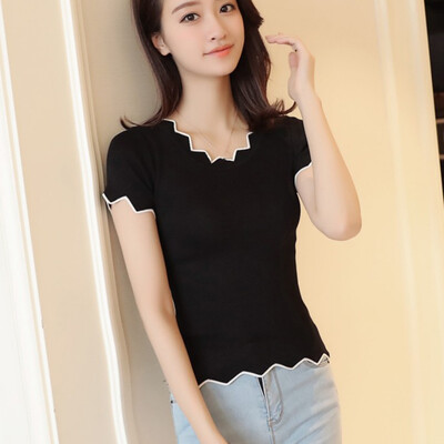 

Summer Fashionable Design Ladylike Temperament Wavy-shaped Neckline Blouse Solid Slim Short-sleeved Knit Womens Top