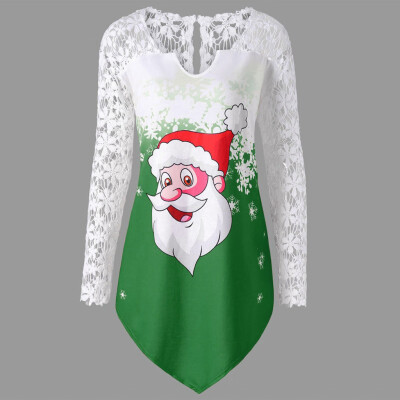 

Tailored Fashion Women Casual Merry Christmas Print Blousel Lace Patchwork T-shirt Tops