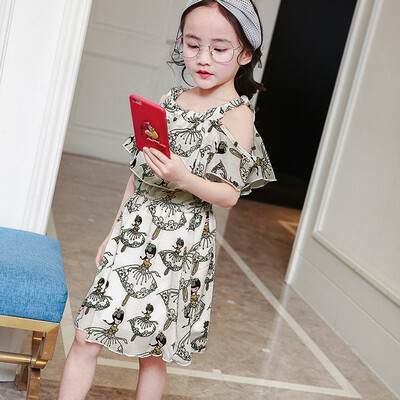 

Children Kids Girl Short Sleeve cartoon Print Floral Princess Off Shoulder Dress