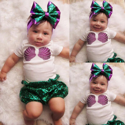 

US Stock Newborn Infant Baby Girl Top Pants Paillette Headband Swimsuit Outfit