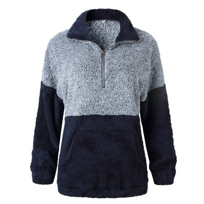 

Women Fashion Pocket Zipper Blouse Woolen Coat Long Sleeve Casual Warm Winter Autumn Loose Tops