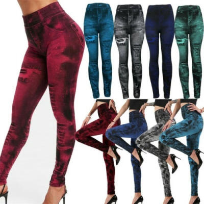 

Women High Waist Leggings Slim Imitation Denim Look Jeggings Stretchy Pants Trousers