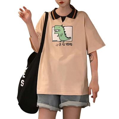 

Women Summer New Fashion Design Retro Cute Student Loose Polo Collar T-Shirt Half Sleeve Dinosaur Print Polo Shirt White
