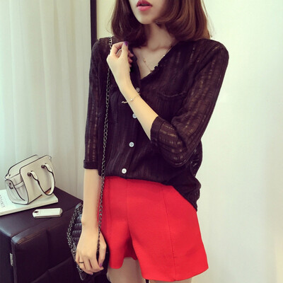 

Women Spring Summer Temperament Solid Color V-neck Cotton And Linen Loose Blouse