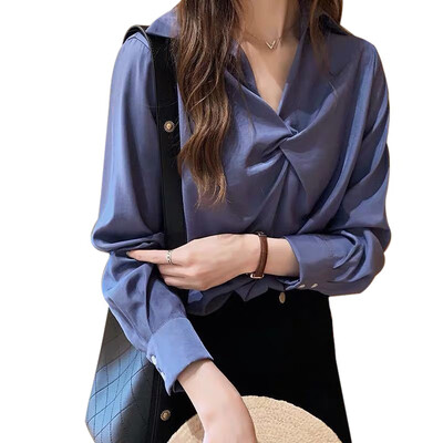 

Blouse Women Tops Long Sleeve Solid Color Pullover V-Neck Office Lady Shirts Female Fashion Casual Tops Chemisier Femme