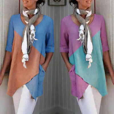 

Autumn Women Casual Round Neck Color Matching Loose T-shirt Ladies Top Plus Size