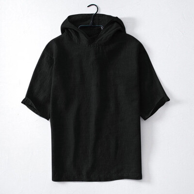 

Toponeto Mens Baggy Cotton Linen Solid Short Sleeve Retro Hooded T Shirts Tops Blouse