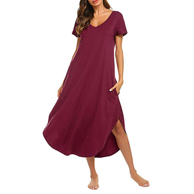 

Women Sexy Pajamas Cotton Solid Color V Neck Short Sleeve Nightdress Lingerie Home Clothing
