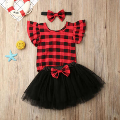 

US My 1st Christmas Baby Girl Clothes Plaid RomperTulle DressHeadband Outfit