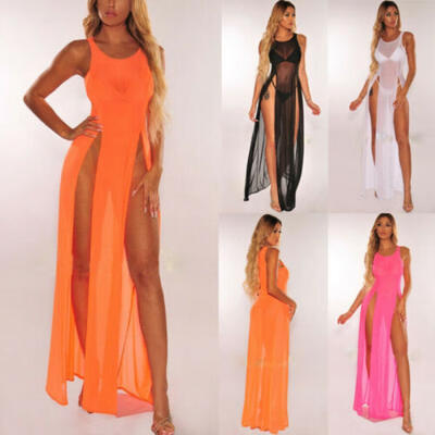 

Womens Bikini Swimsuit Cover up Silk Summer Beach Wear Mesh Sheer Long Dress