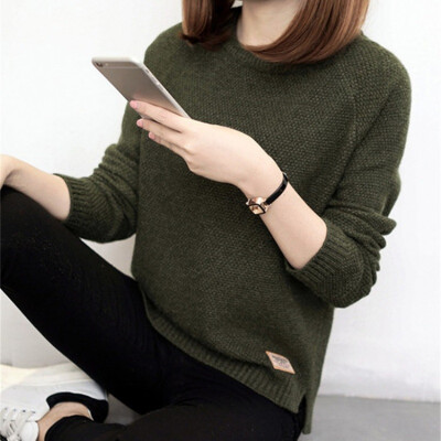 

Sweater Women Simple Casual Long-sleeved Round Neck Sweater Loose Style Solid Color Knit Bottoming Top