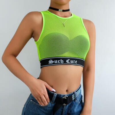 

Women Sheer Fishnet Sleeveless Shirt Top Sexy Mesh T-Shirt Crop Top Blouse -L