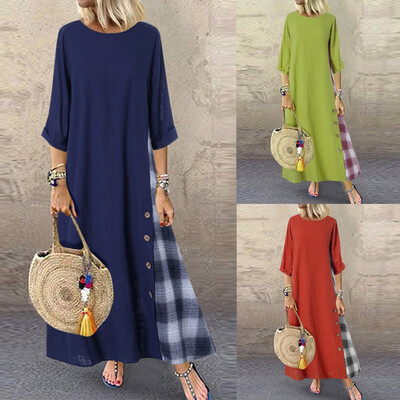

Tailored Women Casual Patchwork 34 Sleeves O-Neck Button High Low Hem Plus Size Dress