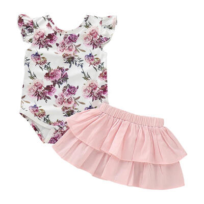 

Cute Children Clothes Set Kids Girl Flying Sleeve Flower Print Romper Skirt