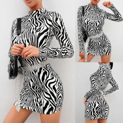 

Ladies Zebra Print Long Sleeve Stretch Bodycon Women Sexy Mini Dress UK STOCK