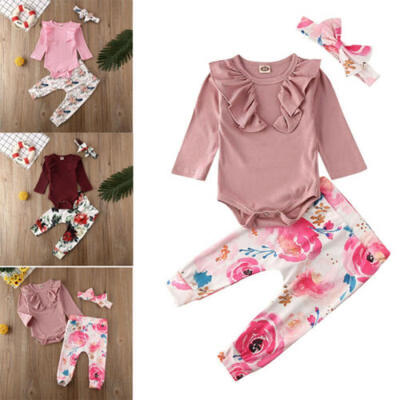

Newborn Baby Girl Romper Tops Jumpsuit Floral Pants Headband Outfit Clothes Set