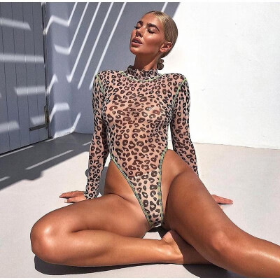 

A generation of European&American womens 2019 new cross-border contrast color mesh perspective jumpsuit leopard jumpsuit wome