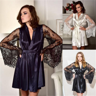 

Sexy Lingerie Women Silk Robe Dress Kimono Nightdress Nightgown Sleepwear