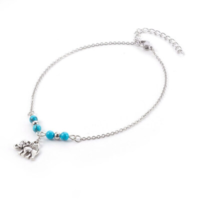 

Synthetic Turquoise Charms Anklets with Tibetan Style Alloy Pendants 304 Stainless Steel Findings&Iron Eye Pin Elephant An