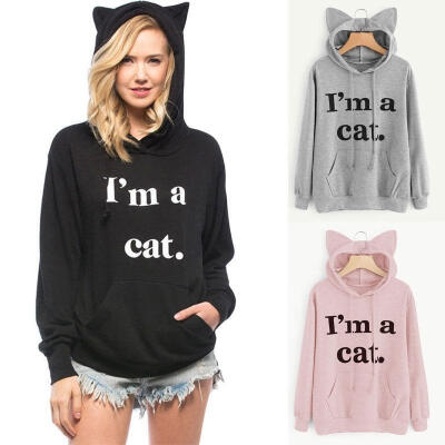 

Womens Fashion Letter Print &39I AM A Cat Ear Ladies Pullover Hoodies Long Sleeve Sweatshirt